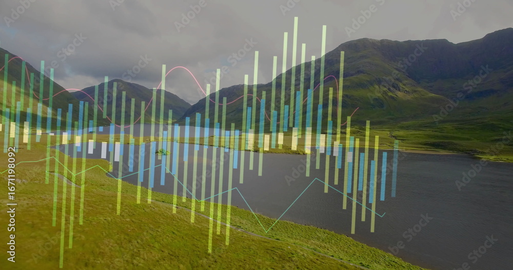 Poster displaying data overlay in rural lakeside valley with multi-colored bar chart and line graph curves