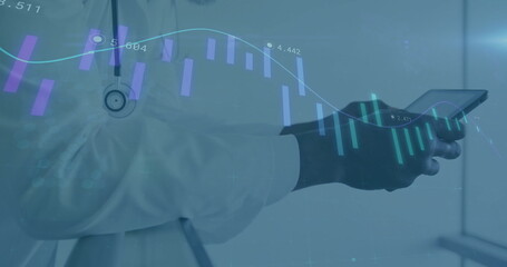 Holding smartphone with gloved hand lab coat doctor displaying charts at clinic, with stethoscope