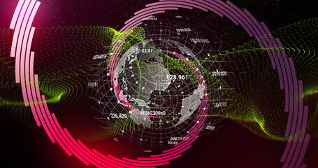 Displaying 3D Earth globe rotating in interface, with numeric labels, waveforms and magenta arcs