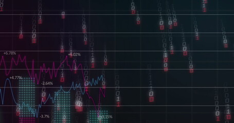 Displaying chart showing colored line graphs, bar charts, percent and binary digits on dashboard