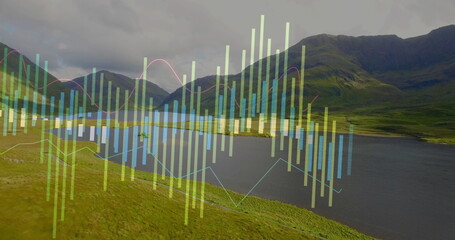 Displaying data overlay in rural lakeside valley with multi-colored bar chart and line graph curves