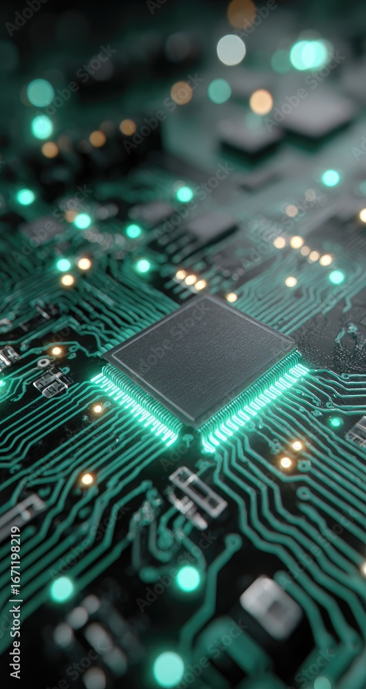Fototapete close-up of a circuit board with central processor. intricate green circuitry, glowing teal accents,