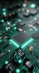 Fototapeta premium Close-up of a circuit board with central processor. Intricate green circuitry, glowing teal accents, and a dark gray central processor chip. Bokeh effect creates depth
