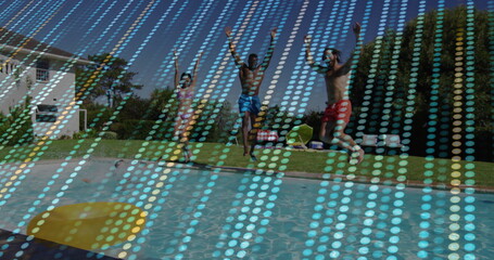 Jumping four friends wearing bikinis and swim trunks into private backyard pool, with pool float