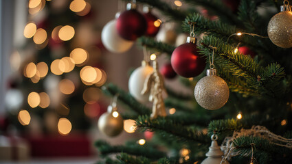 Festive Christmas tree ornaments with sparkling lights, cozy holiday decor, and warm tones. Captures a joyful seasonal celebration and cozy winter wonderland atmosphere with blurred background.