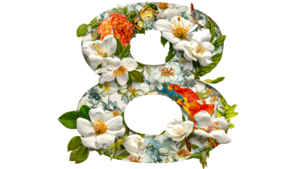 Floral number eight with white flowers, orange rose, and parrot, cut out transparent
