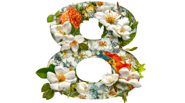 Floral number eight with white flowers, orange rose, and parrot, cut out transparent