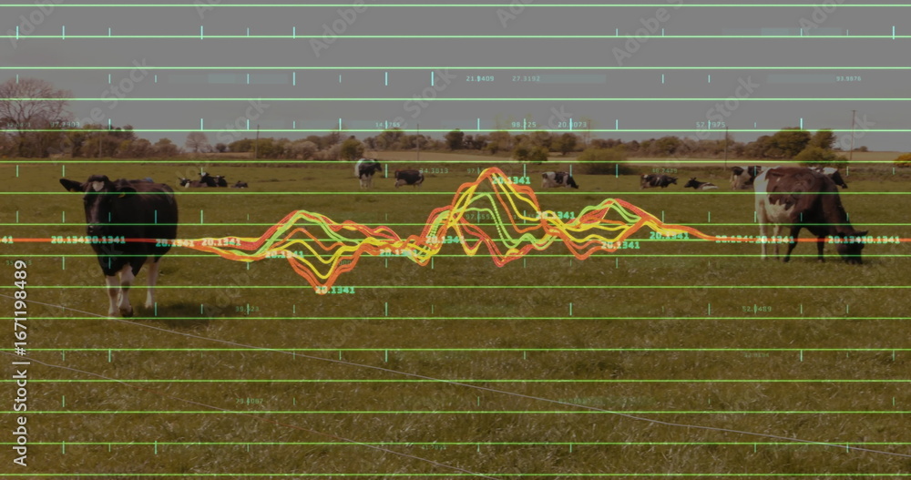 Poster grazing dairy cows in pasture bordered by distant trees, with green grid overlay and waveform graph