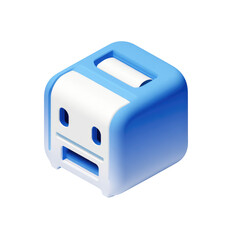 Cute, stylized, 3D model of a small, square printer with a paper roll.  Light blue and white