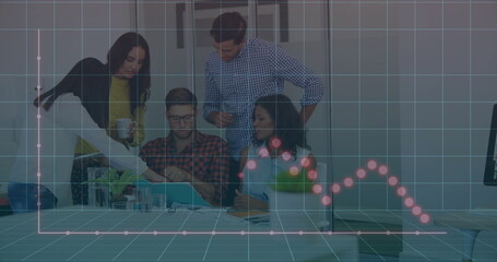 Collaborating team pointing at laptop screen in meeting room, with documents and graph overlay