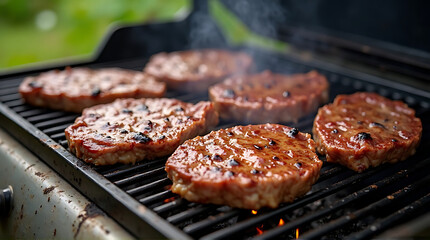 Juicy beef steaks cooking on barbecue garden grill, close-up view with flames and smoke, outdoor summer cooking and picnic concept.