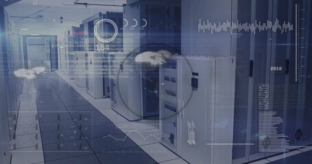 Central server racks glowing with indicator lights in data center corridor, with HUD overlays