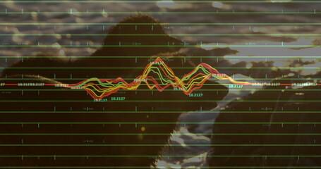 Swimming beaver silhouette crossing rippling water at sunset, with green grid and colored waveforms