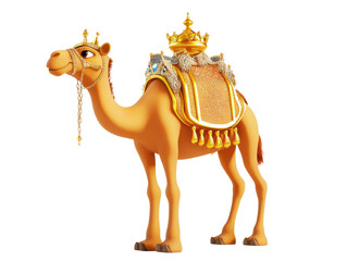 Camel with Towering and graceful, a royal figure among Qurbani animals, 3D cartoon character design, isolated on white background
