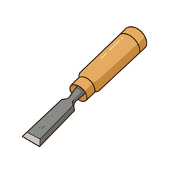 An isometric vector illustration of a classic wood chisel, featuring a sharp metal blade and a smooth, ergonomic wooden handle on a white background.