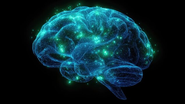 3D rendered brain,  wireframe, glowing points - Powered by Adobe