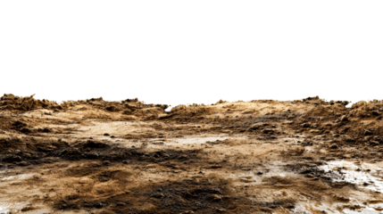 Wet, uneven earth mounds with textured surfaces and shallow water pooling, cut out transparent