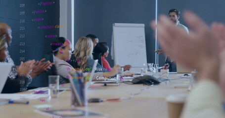 Presenting man in suit showing diagrams in meeting room with flipchart and laptop, copy space