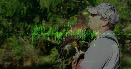Holding falconer with camouflage cap gripping hawk on glove in forest with waveform, copy space