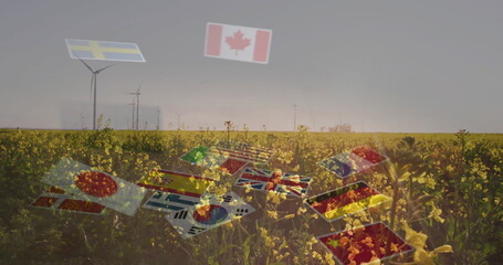Floating national flags drifting above canola field, with wind turbines and Swedish solar support