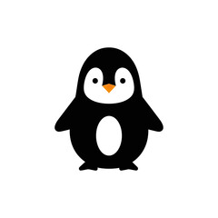 Cartoon Penguin with Black Body, White Belly, Orange Beak