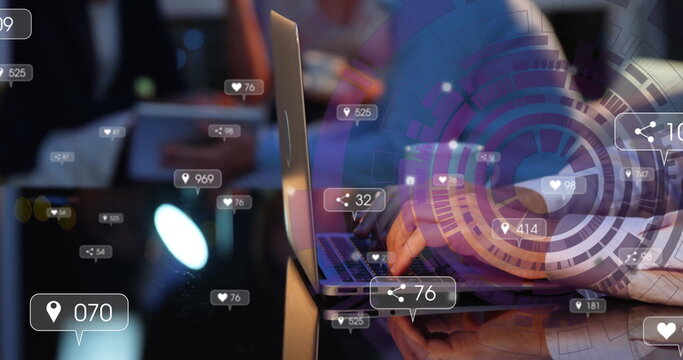 Typing professional hands showing social media metrics on conference table, digital overlays