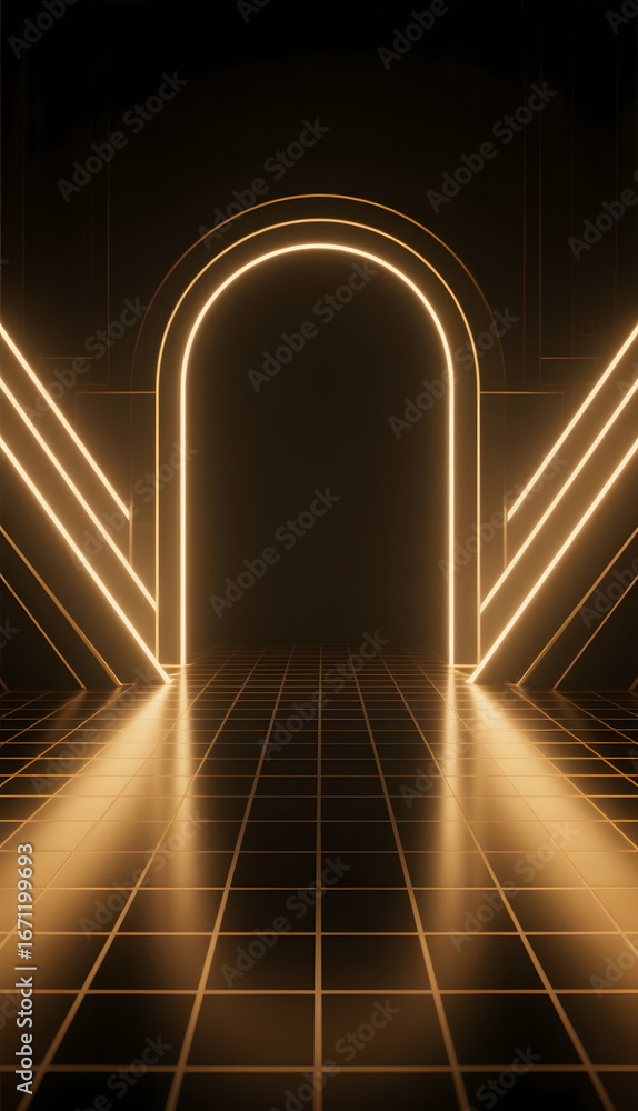 Poster Illuminated archway with glowing lines on a grid floor in a dark setting