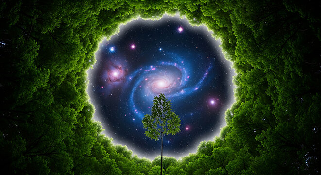 Cosmic Tree - A Lone Tree Reaching for a Galaxy Surrounded by Lush Greenery.