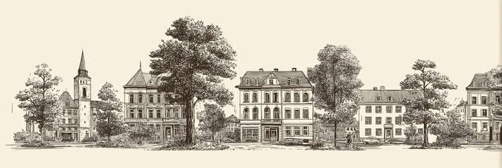 hand-drawn historic boulevard illustration, vintage city architecture