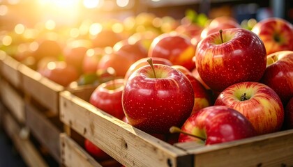 Fresh Red Apples in Wooden Crate at Farmer's Market