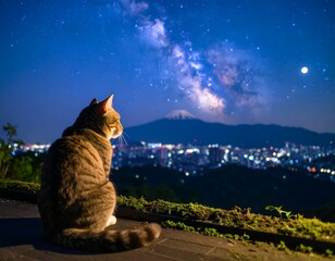A tabby cat sits, gazing at a cityscape and the Milky Way, a mountain silhouetted in the distance under a dark, starry sky