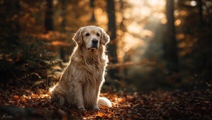 Golden Retriever in autumn forest. Sunlight streams through trees