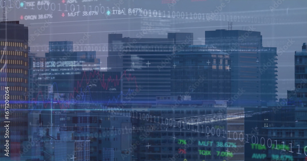 Poster displaying binary code overlay over skyscrapers at dusk showing neon line graphs and stock tickers