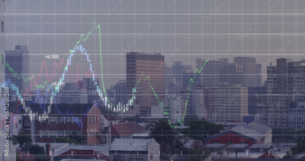 Poster displaying financial chart overlaying rooftops and towers with colored line graphs over palm trees