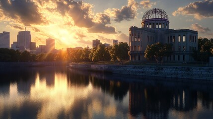 Historic dome, serene river reflecting sunrise, with city skyline and trees in golden light