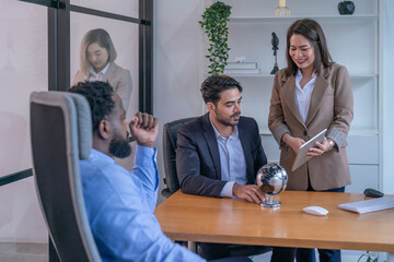 professional business man boss talking and giving advice a female employee in manager room