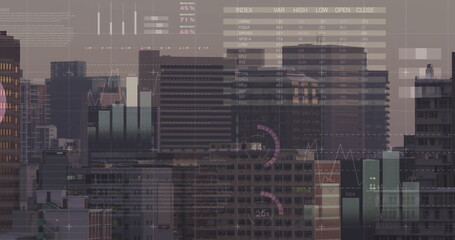 Showing data displays overlaying city skyline in downtown district, featuring skyscraper clusters