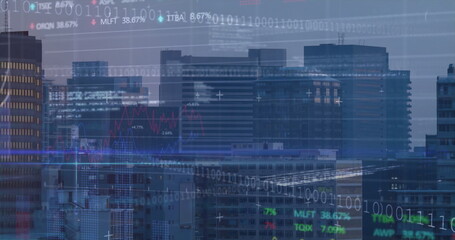 Displaying binary code overlay over skyscrapers at dusk showing neon line graphs and stock tickers