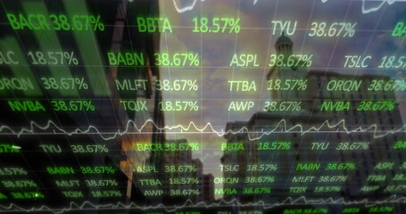 Fototapeta premium Displaying green digital ticker overlay at dusk city skyline, showing line graph and skyscrapers