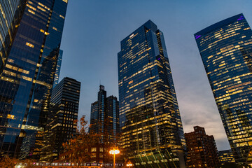 Chicago city with illuminated building. Night in Chicago city downtown. Skyscraper architecture....
