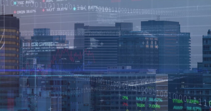 Displaying binary code overlay over skyscrapers at dusk showing neon line graphs and stock tickers