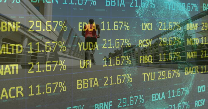 Jogging runner wearing red top and black shorts on pedestrian bridge, with financial ticker overlay