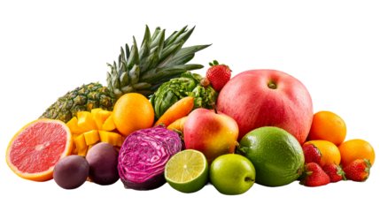 Assortment of Fresh, Water-Drizzled Fruits and Vegetables in Vibrant Colors, cut out transparent