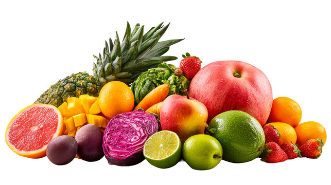 Assortment of Fresh, Water-Drizzled Fruits and Vegetables in Vibrant Colors, cut out transparent