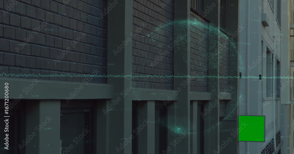 Poster Displaying brick grid and windows on facade with green waveform, particle cloud and square overlay