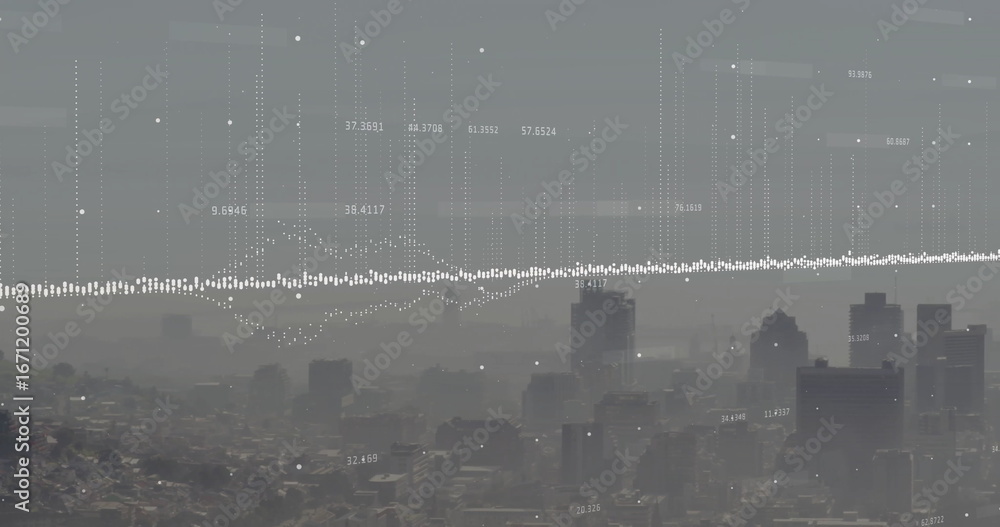 Poster displaying white waveform overlay across hazy urban skyline from hillside overlook, numeric labels
