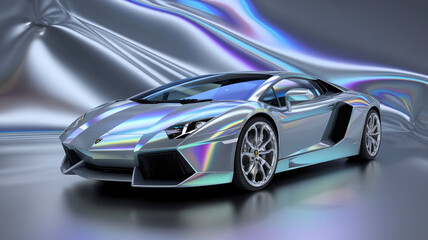 Naklejka premium A silver car with a blue and purple design is shown metallic holographic 12