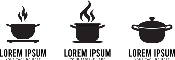 cooking pot vector logos – boiling and steaming kitchen utensil icon set