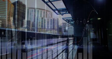 Displaying pedestrian walkway with metal railing, glass canopy on terrace with financial charts