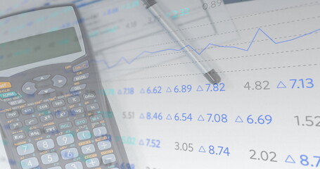 Displaying calculator lying left on office desk, with pen crossing financial report, copy space